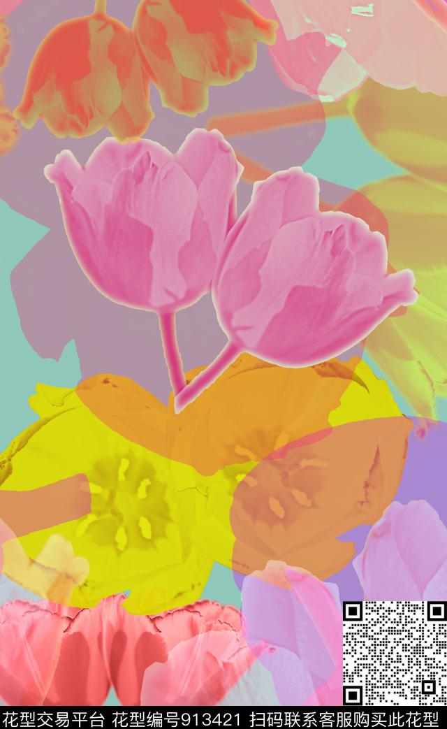 混合拼接炫彩花卉数码印花华亿平台下载（图片编号: 913421） - 瓦栏（Walan）