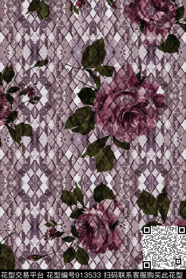 水彩花卉几何大牌风数码印花华亿平台下载（图片编号: 913533） - 瓦栏（Walan）