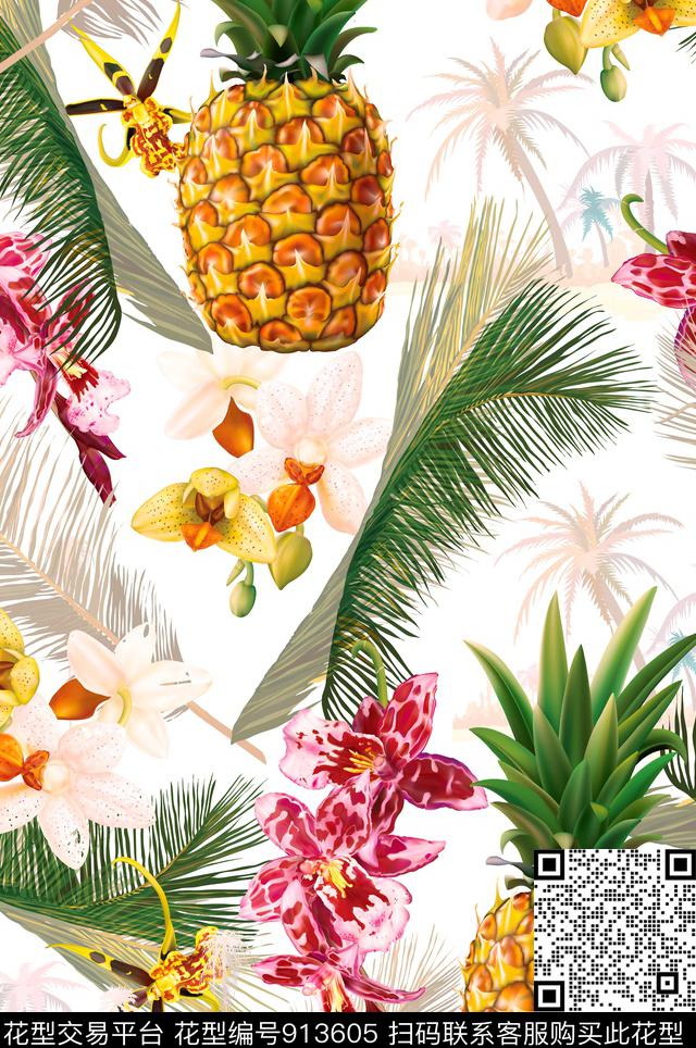 菠萝水彩花卉热带华亿平台传统印花华亿平台下载（图片编号: 913605） - 瓦栏（Walan）