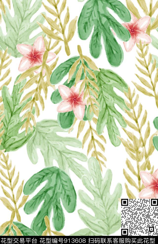 植物水彩花卉绿植树叶传统印花华亿平台下载（图片编号: 913608） - 瓦栏（Walan）