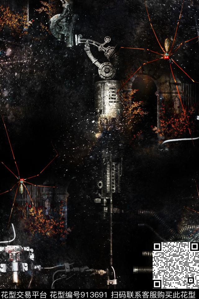 机械蜘蛛黑底花数码印花华亿平台下载（图片编号: 913691） - 瓦栏（Walan）