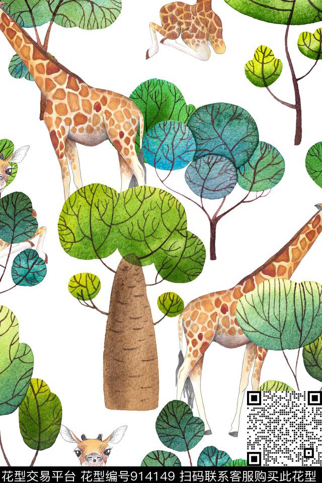 趣味长颈鹿树林数码印花华亿平台下载（图片编号: 914149） - 瓦栏（Walan）