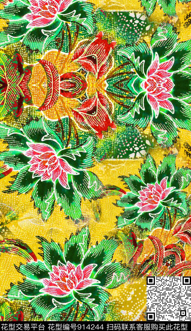 花卉民族风花纹数码印花华亿平台下载（图片编号: 914244） - 瓦栏（Walan）