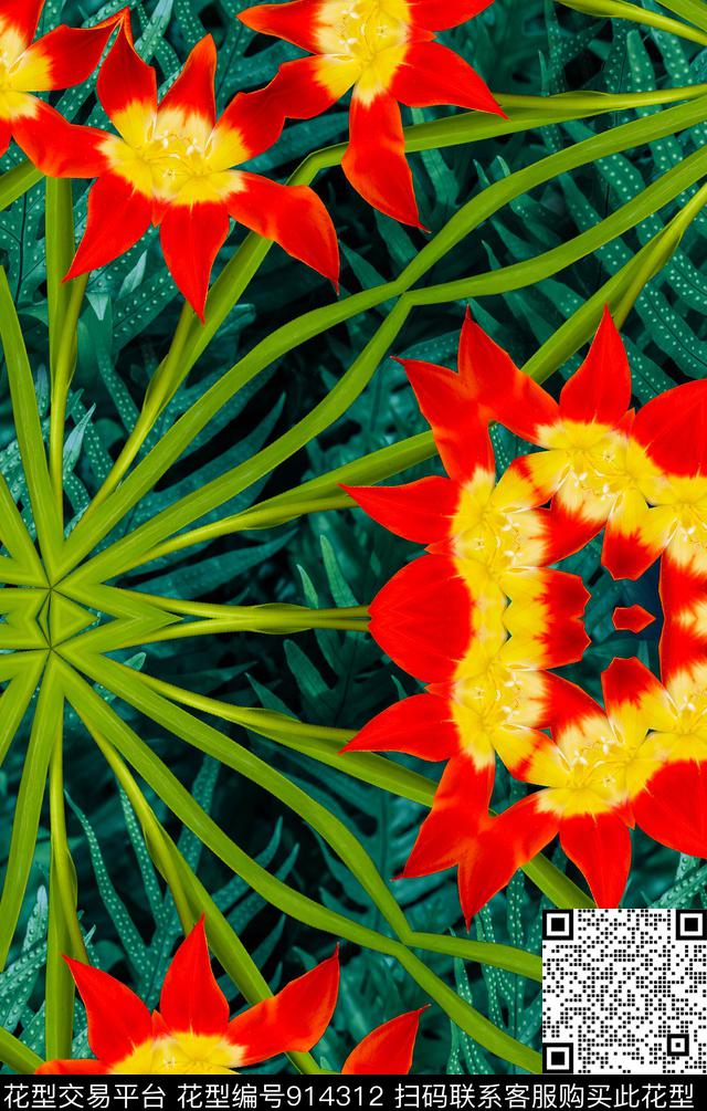 植物花卉茎叶数码印花华亿平台下载（图片编号: 914312） - 瓦栏（Walan）