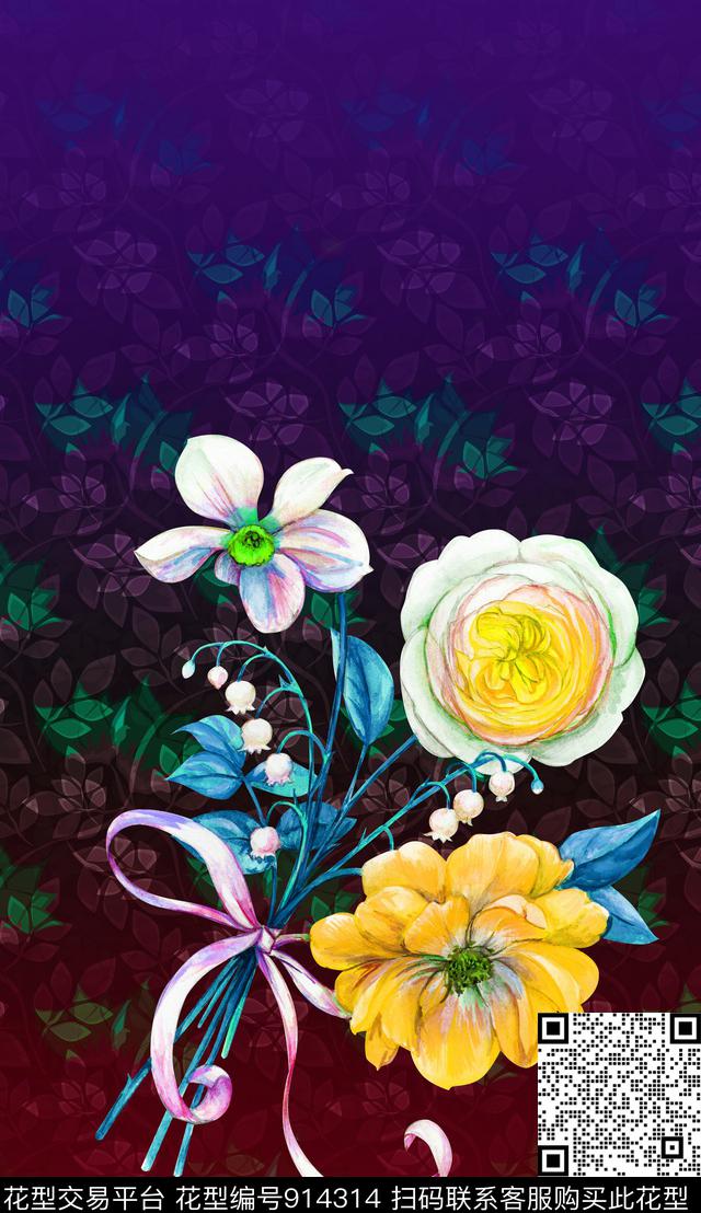 渐变花卉复古数码印花华亿平台下载（图片编号: 914314） - 瓦栏（Walan）