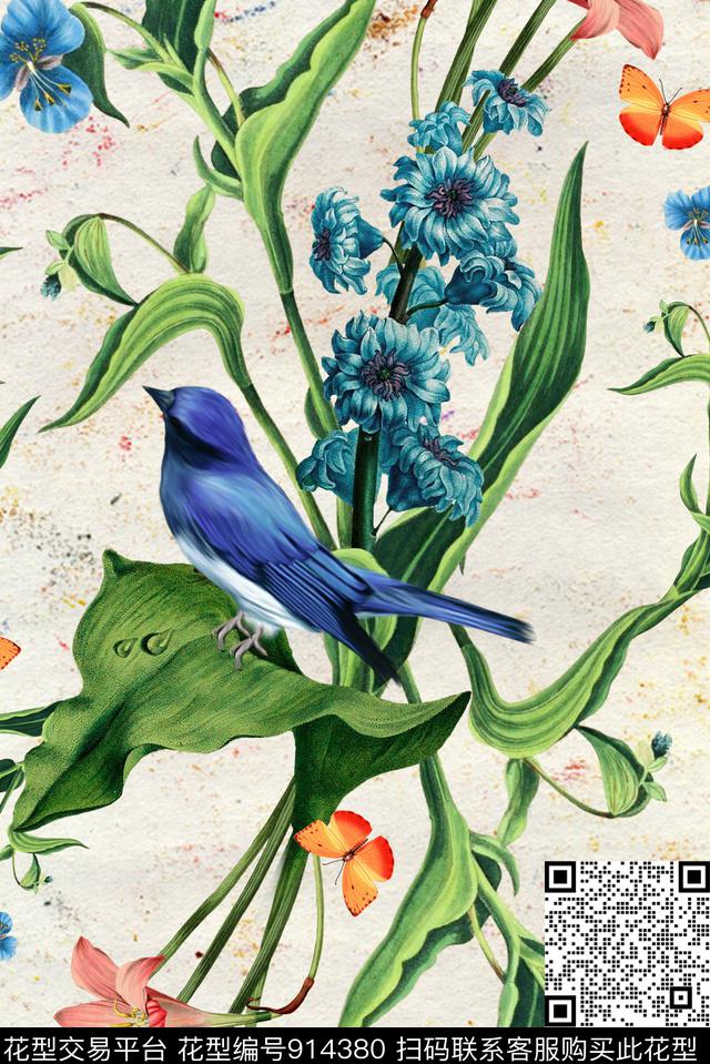 鸟绿植树叶数码华亿平台数码印花华亿平台下载（图片编号: 914380） - 瓦栏（Walan）