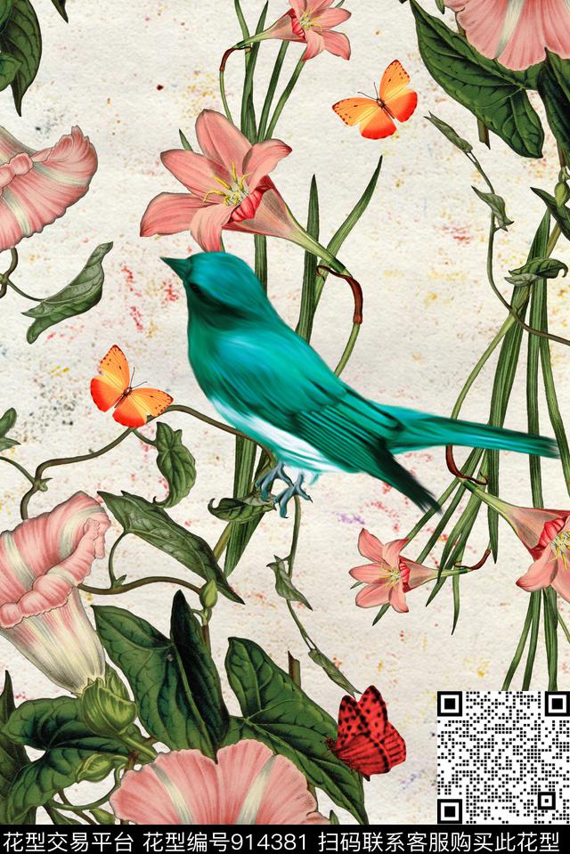 鸟绿植树叶数码华亿平台数码印花华亿平台下载（图片编号: 914381） - 瓦栏（Walan）