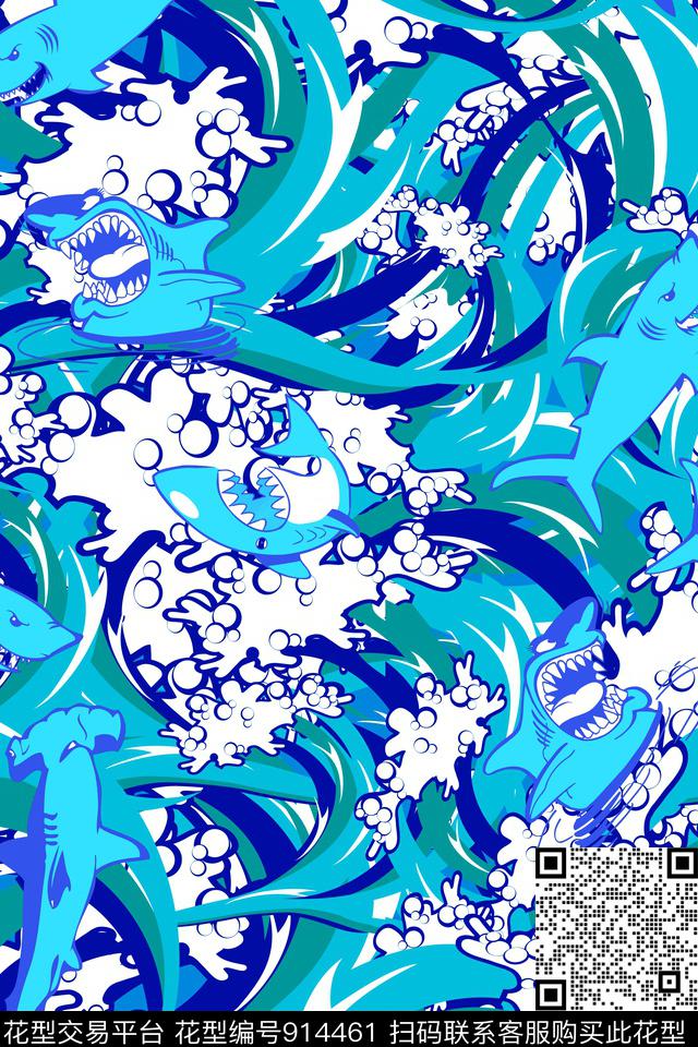 鲨鱼泳装海浪传统印花华亿平台下载（图片编号: 914461） - 瓦栏（Walan）