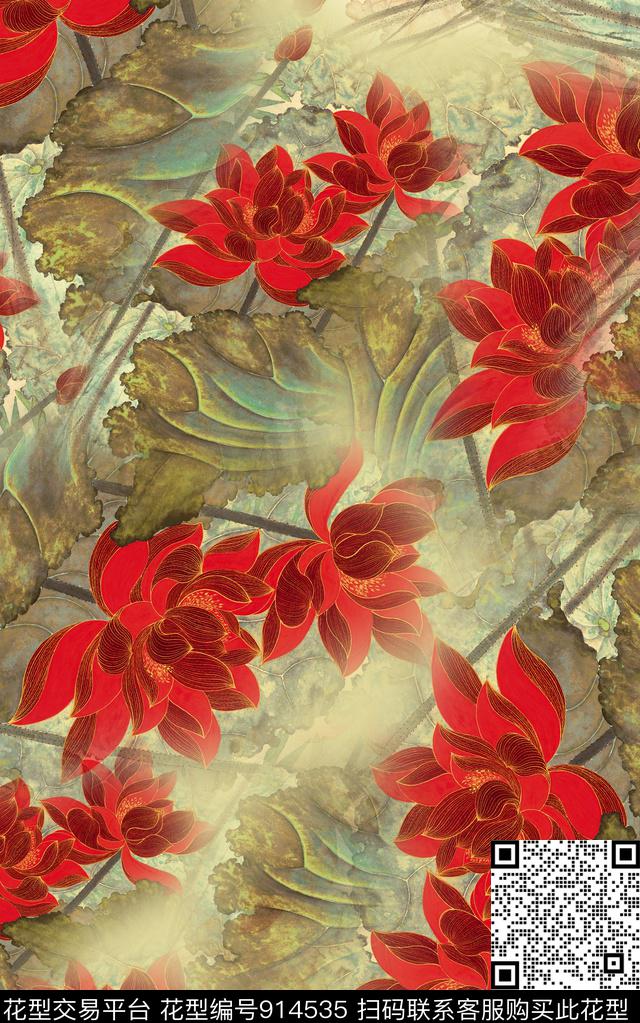 国画大花水墨风数码印花华亿平台下载（图片编号: 914535） - 瓦栏（Walan）