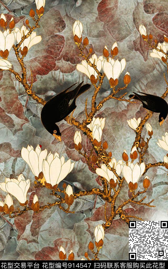 国画大花水墨风数码印花华亿平台下载（图片编号: 914547） - 瓦栏（Walan）