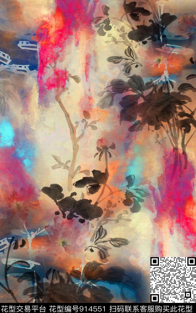 水彩花卉炫彩水墨风数码印花华亿平台下载（图片编号: 914551） - 瓦栏（Walan）