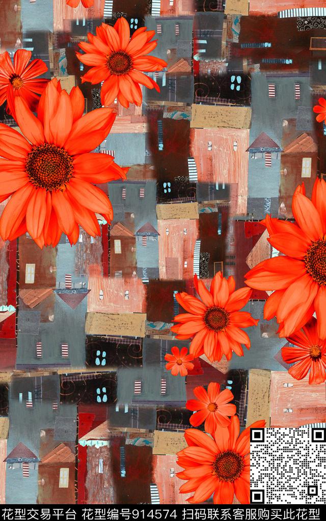 大花水彩花卉几何数码印花华亿平台下载（图片编号: 914574） - 瓦栏（Walan）