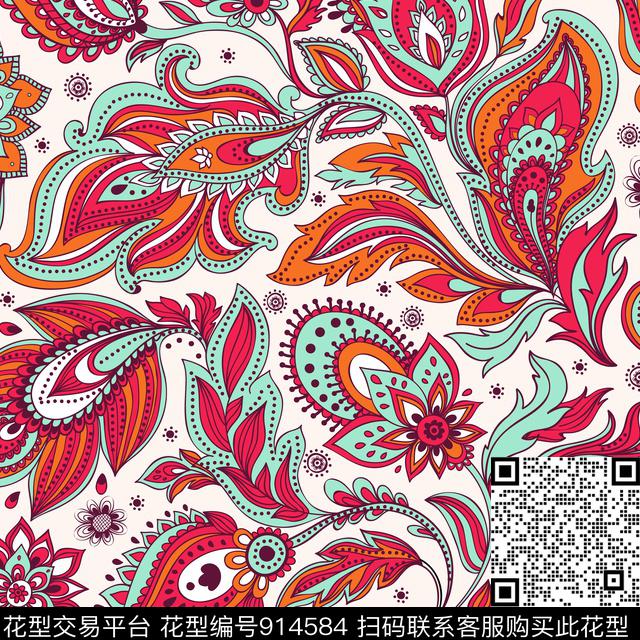 复古大牌风佩斯利纹数码印花华亿平台下载（图片编号: 914584） - 瓦栏（Walan）