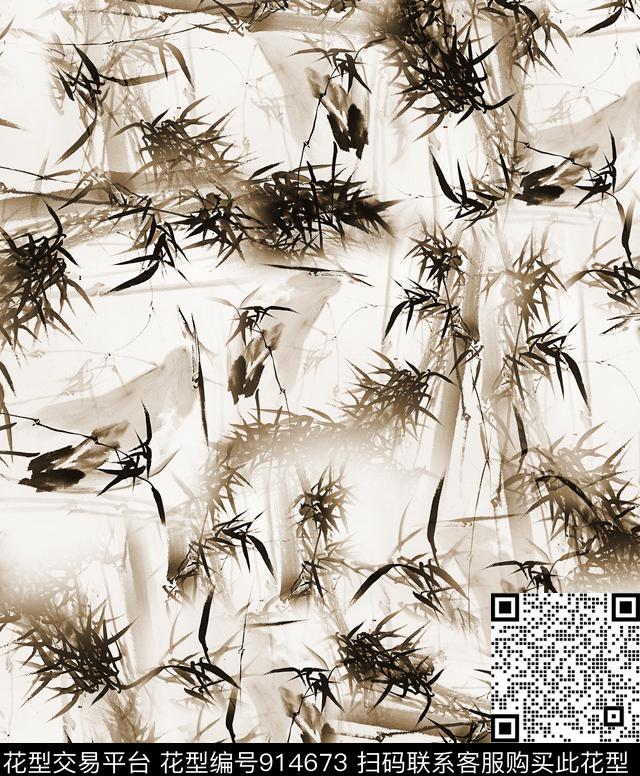 竹子中国风水墨风数码印花华亿平台下载（图片编号: 914673） - 瓦栏（Walan）