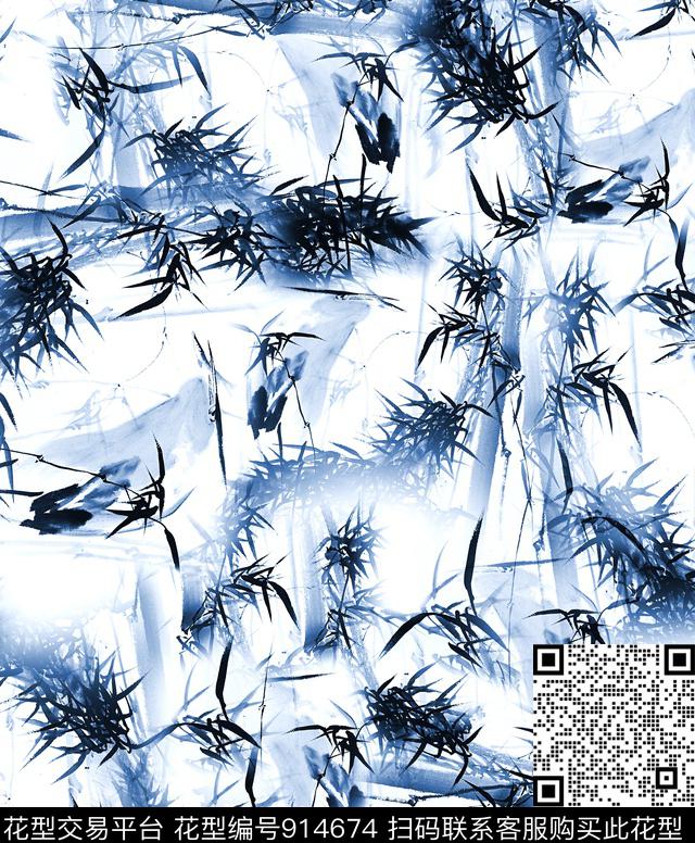 竹子中国风水墨风数码印花华亿平台下载（图片编号: 914674） - 瓦栏（Walan）