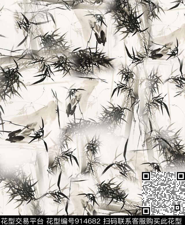 竹子中国风水墨风数码印花华亿平台下载（图片编号: 914682） - 瓦栏（Walan）