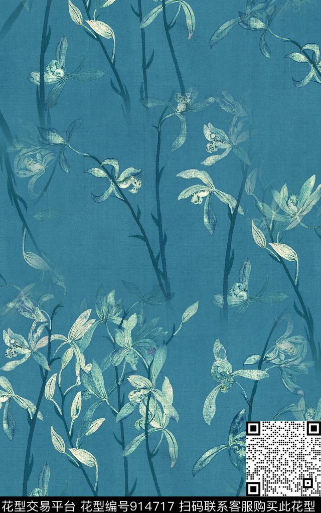 花卉大花水墨风数码印花华亿平台下载（图片编号: 914717） - 瓦栏（Walan）