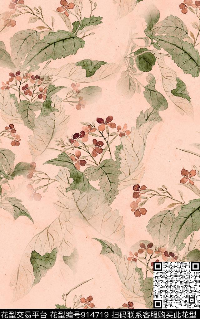 花卉大花水墨风数码印花华亿平台下载（图片编号: 914719） - 瓦栏（Walan）
