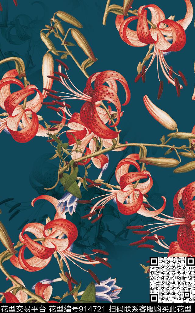 花卉大花水墨风数码印花华亿平台下载（图片编号: 914721） - 瓦栏（Walan）