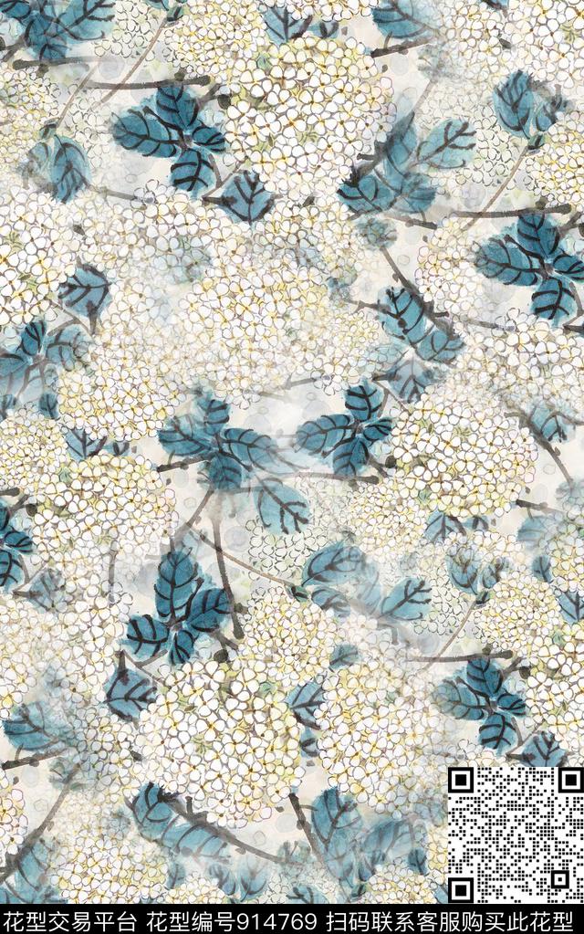 花卉小碎花水墨风数码印花华亿平台下载（图片编号: 914769） - 瓦栏（Walan）