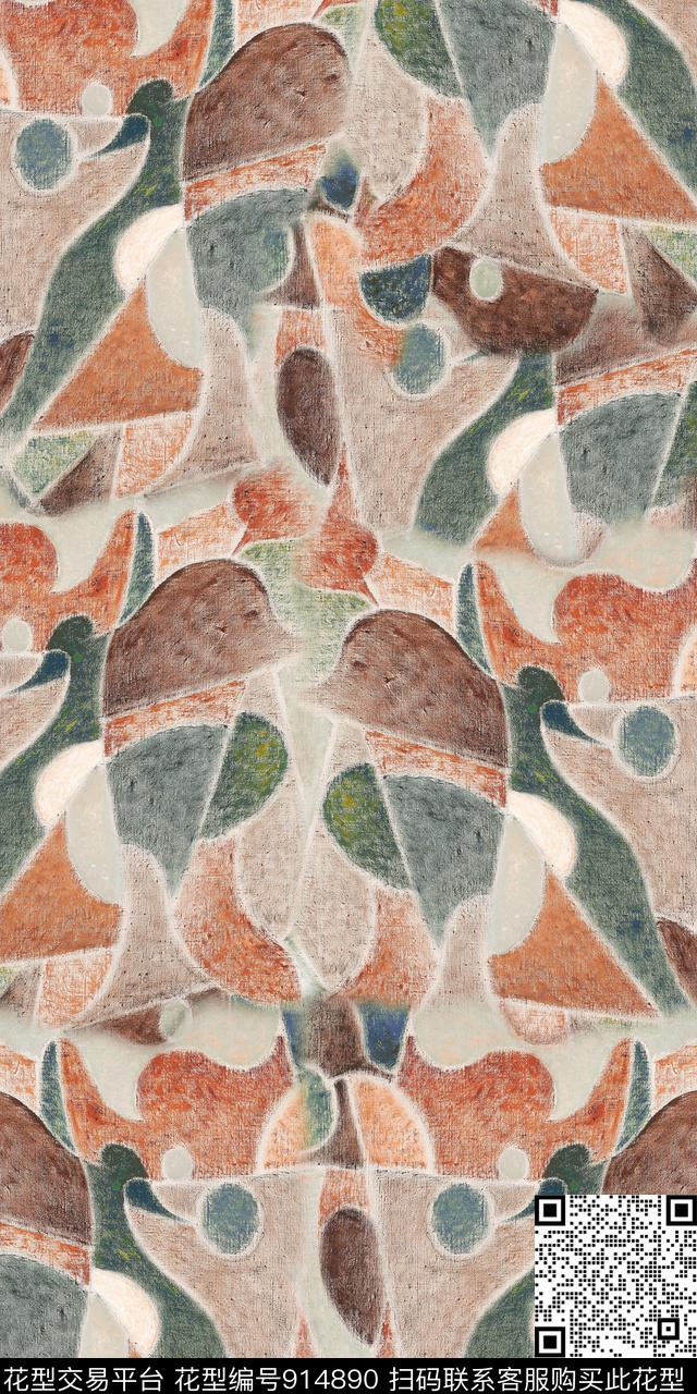 棉麻抽象几何数码印花华亿平台下载（图片编号: 914890） - 瓦栏（Walan）