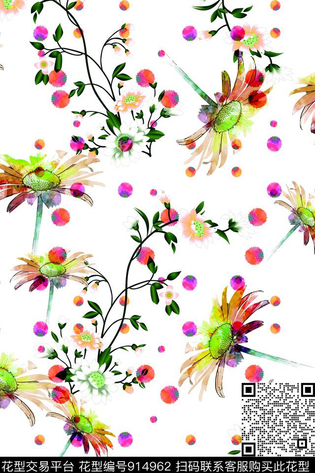 清爽底花卉水彩花卉油画华亿平台数码印花华亿平台下载（图片编号: 914962） - 瓦栏（Walan）