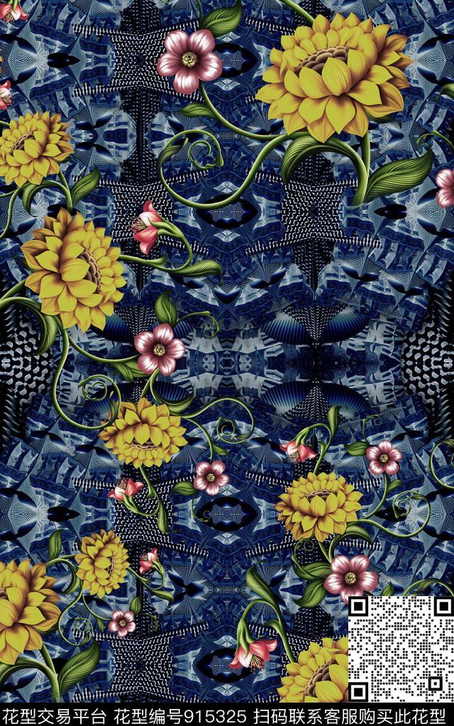 民族风大花花卉数码印花华亿平台下载（图片编号: 915325） - 瓦栏（Walan）