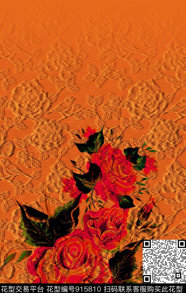 花卉香云纱龟裂纹数码印花华亿平台下载（图片编号: 915810） - 瓦栏（Walan）