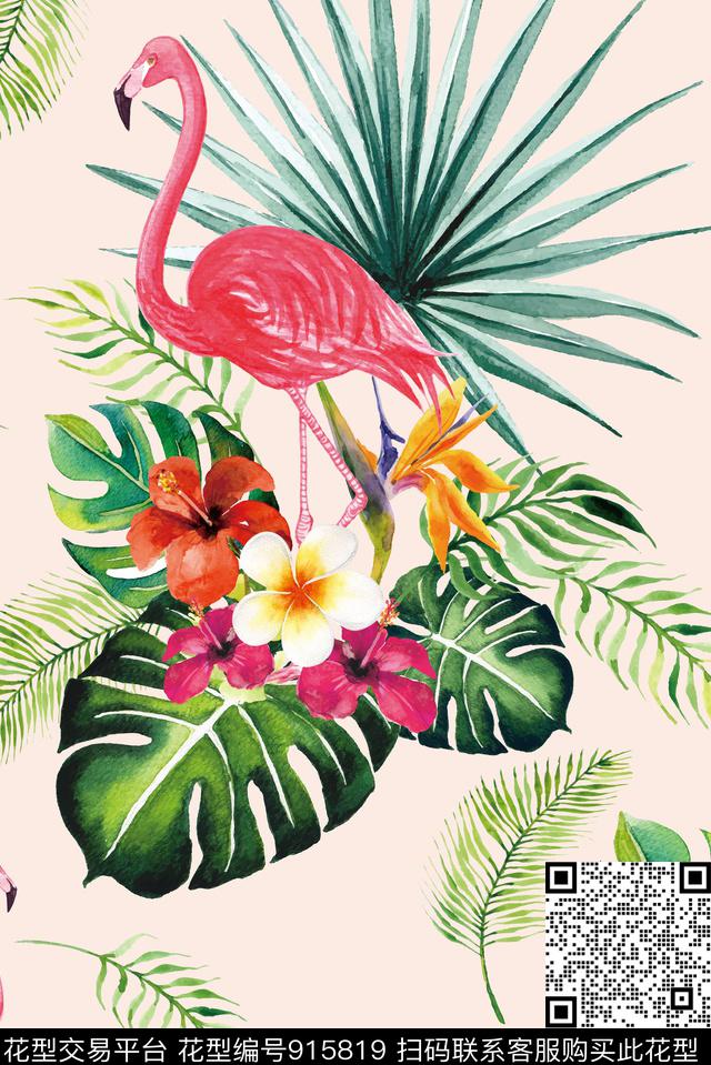 绿植树叶鸟手绘花卉数码印花华亿平台下载（图片编号: 915819） - 瓦栏（Walan）