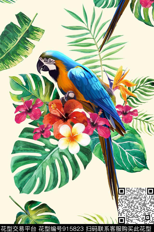 绿植树叶鸟手绘花卉数码印花华亿平台下载（图片编号: 915823） - 瓦栏（Walan）
