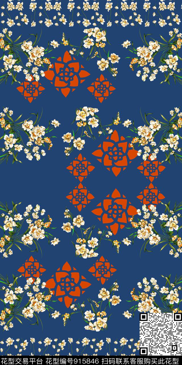 风格化花卉丝巾围巾秀场几何传统印花华亿平台下载（图片编号: 915846） - 瓦栏（Walan）