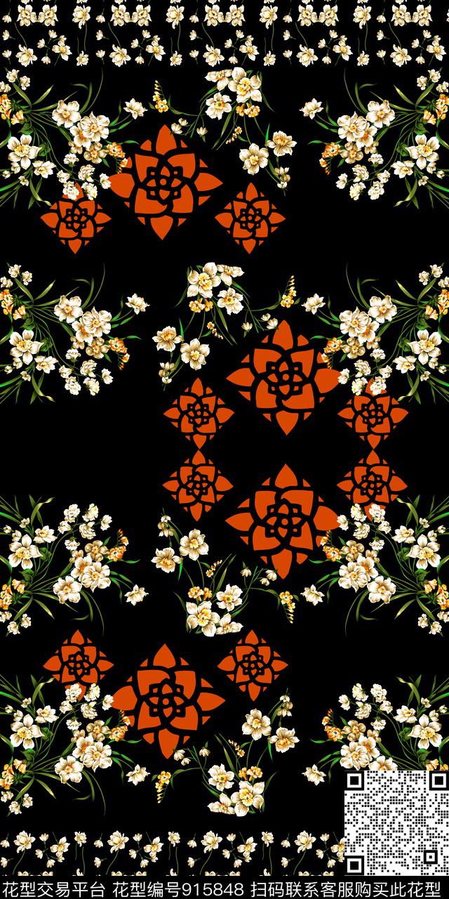风格化花卉丝巾围巾秀场几何传统印花华亿平台下载（图片编号: 915848） - 瓦栏（Walan）