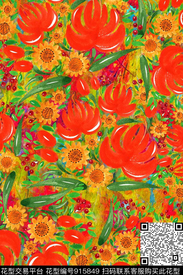 花卉手绘花卉满版散花数码印花华亿平台下载（图片编号: 915849） - 瓦栏（Walan）