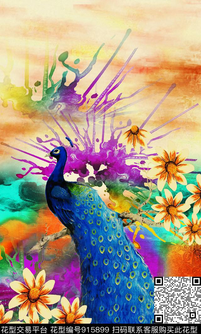 孔雀中国风定位花花卉数码印花华亿平台下载（图片编号: 915899） - 瓦栏（Walan）