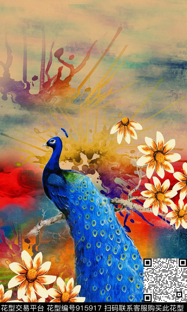 孔雀中国风定位花花卉数码印花华亿平台下载（图片编号: 915917） - 瓦栏（Walan）