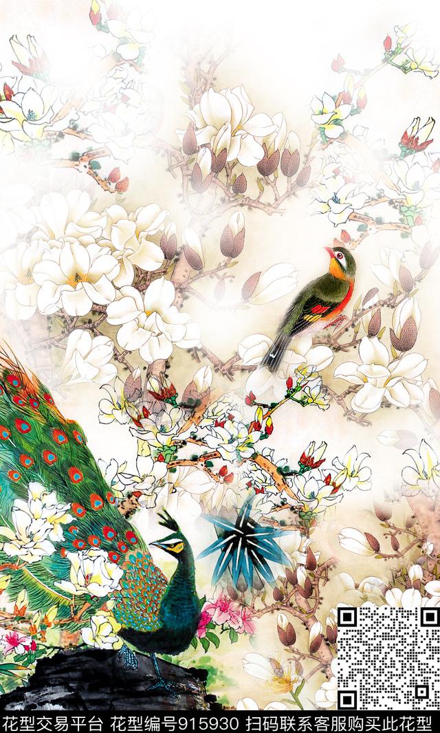 孔雀玉兰花花卉数码印花华亿平台下载（图片编号: 915930） - 瓦栏（Walan）