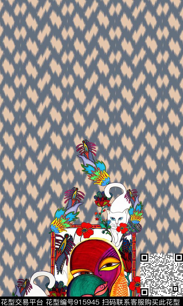 花卉几何定位猫数码印花华亿平台下载（图片编号: 915945） - 瓦栏（Walan）