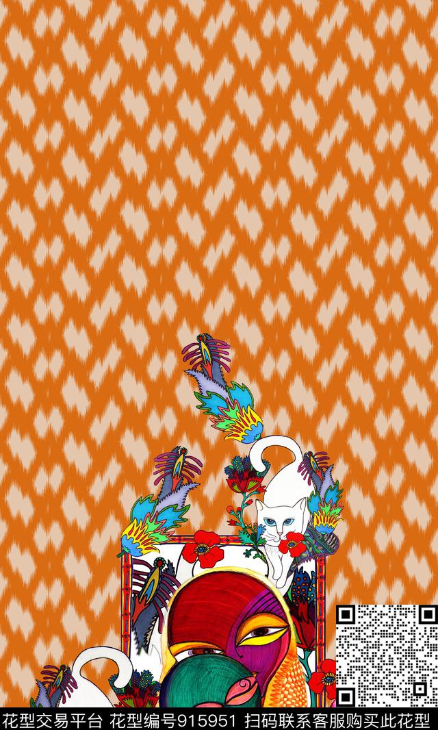 花卉几何定位猫数码印花华亿平台下载（图片编号: 915951） - 瓦栏（Walan）