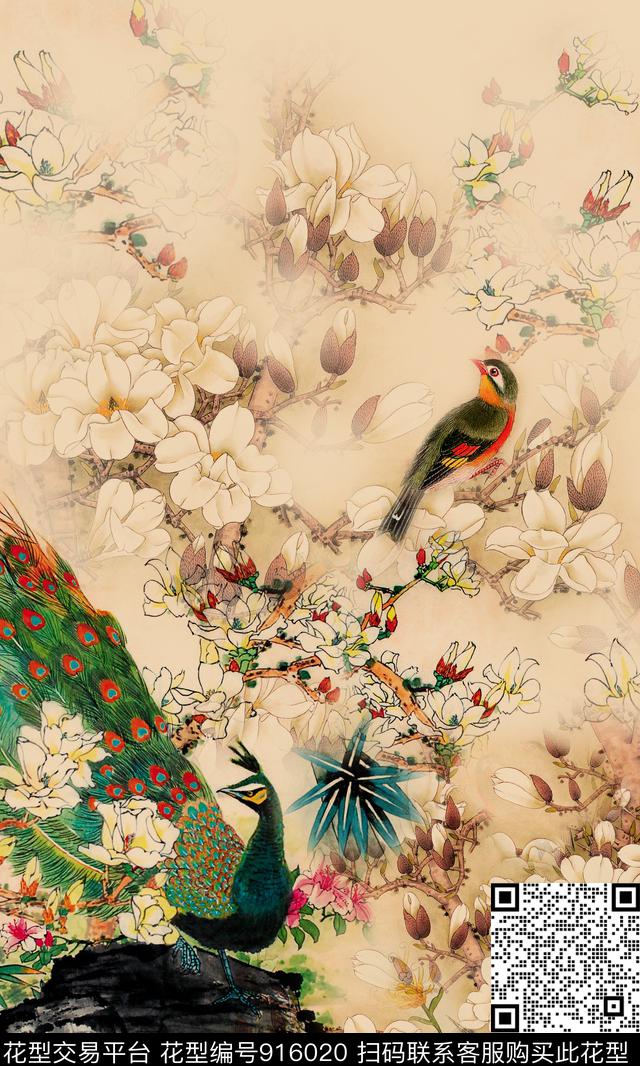 孔雀玉兰花花卉数码印花华亿平台下载（图片编号: 916020） - 瓦栏（Walan）