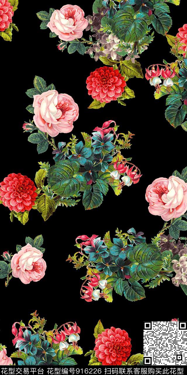 数码华亿平台花卉手绘玫瑰数码印花华亿平台下载（图片编号: 916226） - 瓦栏（Walan）