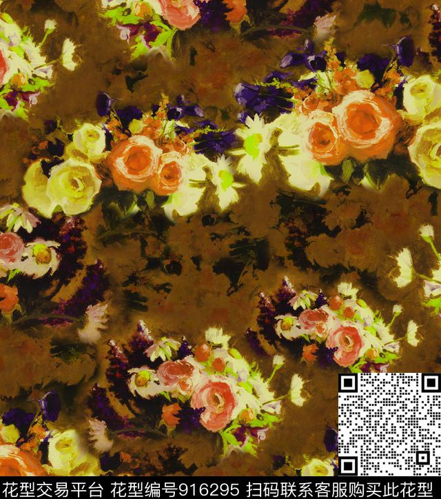 抽象花卉香云纱油画华亿平台数码印花华亿平台下载（图片编号: 916295） - 瓦栏（Walan）
