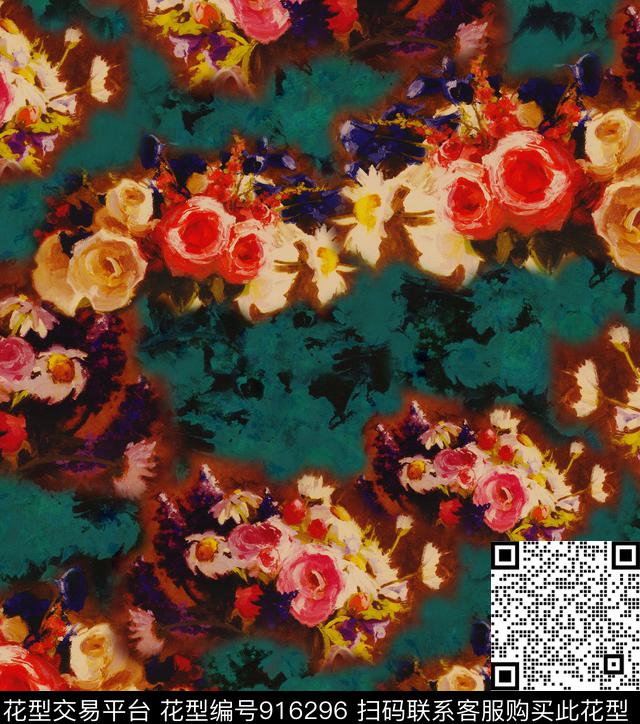 抽象花卉香云纱油画华亿平台数码印花华亿平台下载（图片编号: 916296） - 瓦栏（Walan）