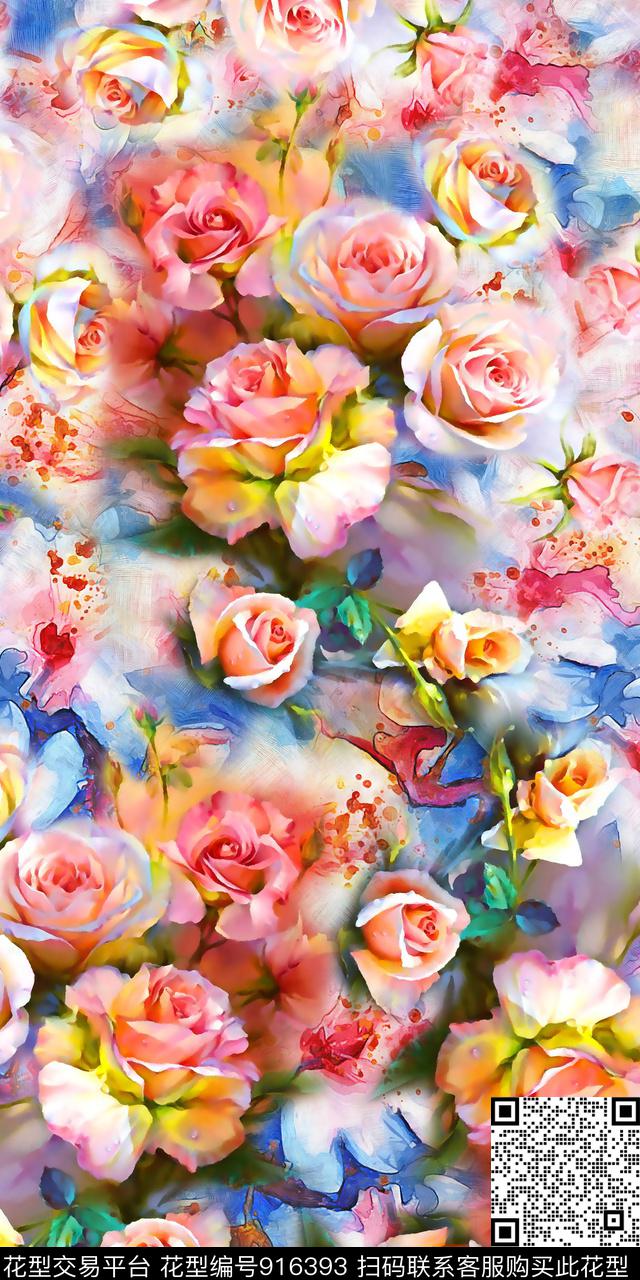 抽象油画华亿平台玫瑰花数码印花华亿平台下载（图片编号: 916393） - 瓦栏（Walan）