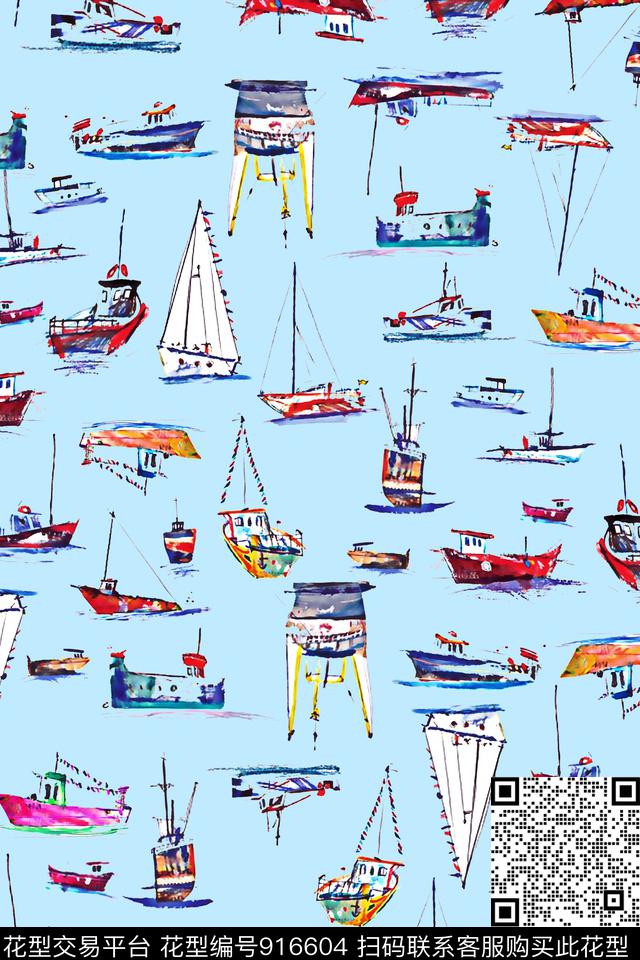 卡通帆船游轮数码印花华亿平台下载（图片编号: 916604） - 瓦栏（Walan）
