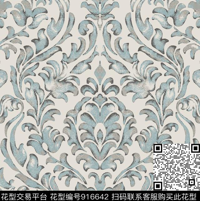 大马士革纹手绘花卉欧洲宫廷传统印花华亿平台下载（图片编号: 916642） - 瓦栏（Walan）