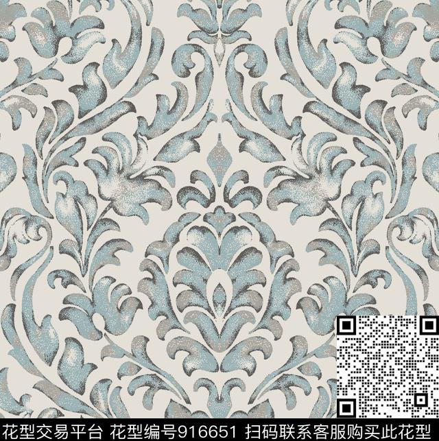 大马士革纹手绘花卉欧洲宫廷传统印花华亿平台下载（图片编号: 916651） - 瓦栏（Walan）