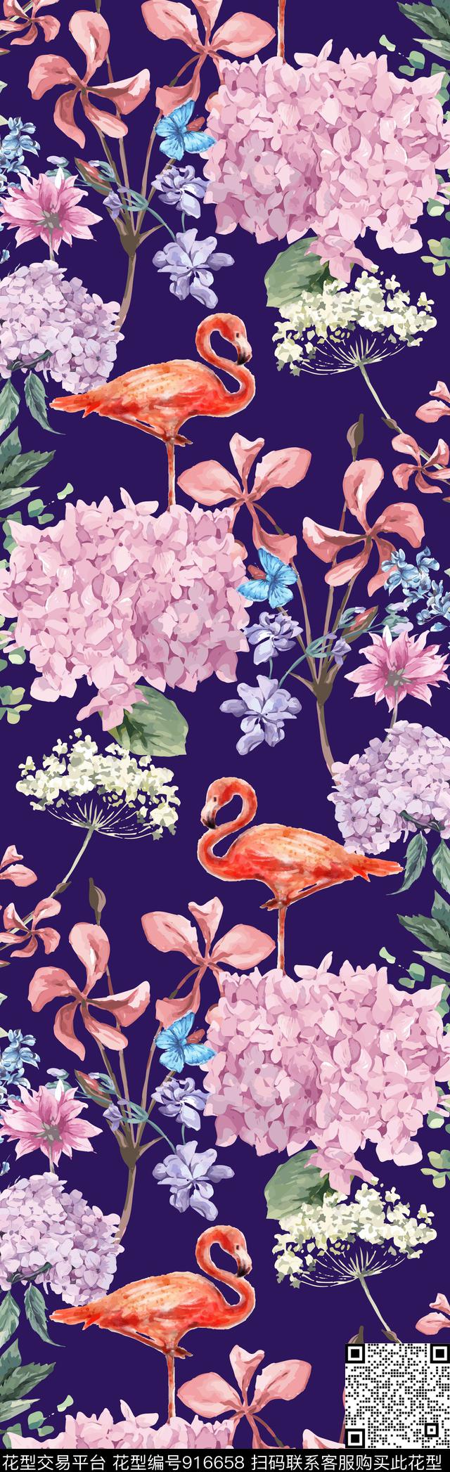 鸟长巾花卉传统印花华亿平台下载（图片编号: 916658） - 瓦栏（Walan）