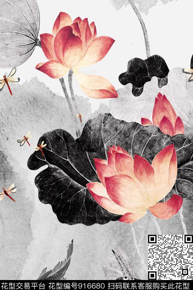 荷花花卉水墨风数码印花华亿平台下载（图片编号: 916680） - 瓦栏（Walan）