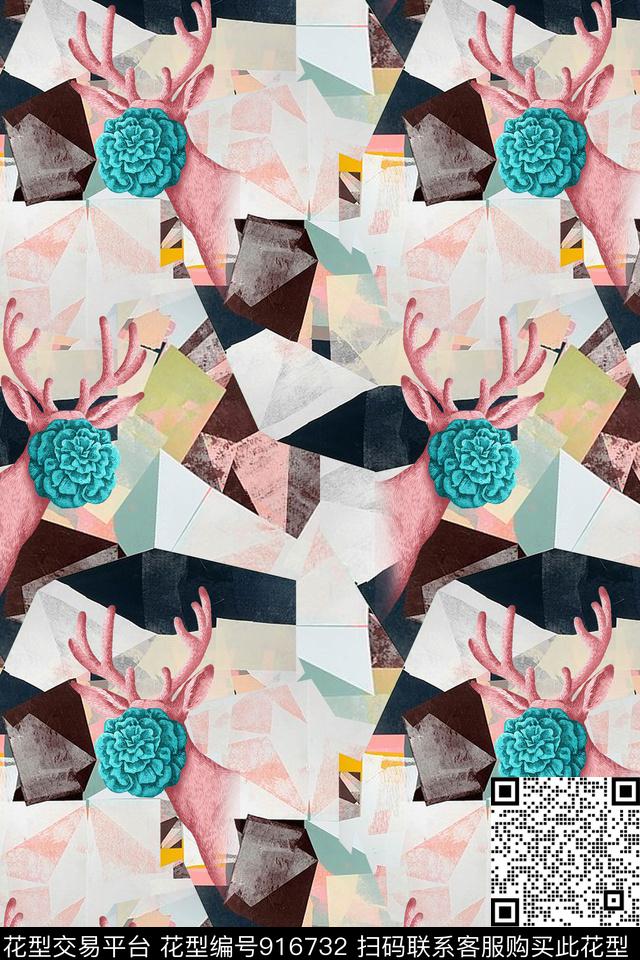 鹿几何动物数码印花华亿平台下载（图片编号: 916732） - 瓦栏（Walan）