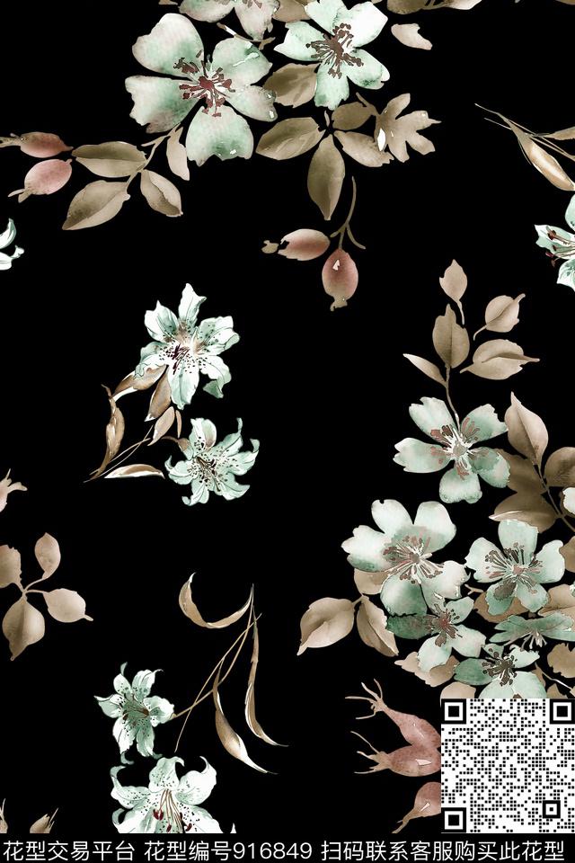 黑底花卉满版散花田园数码印花华亿平台下载（图片编号: 916849） - 瓦栏（Walan）